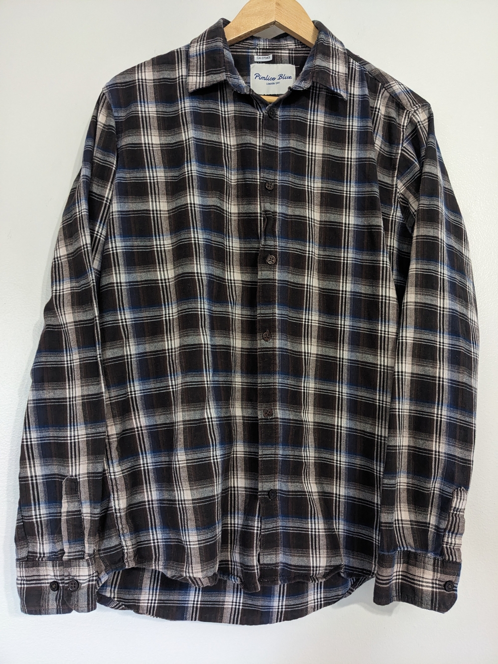 Pimlico Blue London Flannel Shirt Mens Large Cotton Plaid Blue White Long Sleeve
